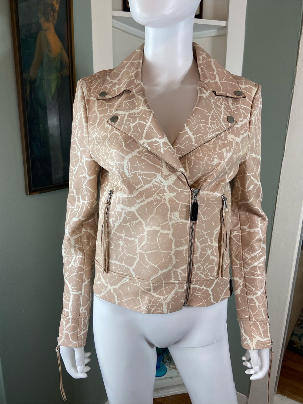 RUDSAK Beige-Pink Cream Cracked Egg Lamb Leather Moto Jacket Women’s Small S